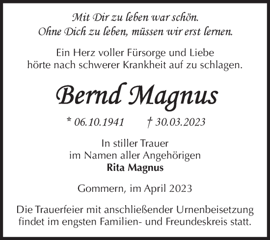 Traueranzeige von Bernd Magnus von Volksstimme Burg/Genthin