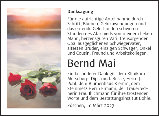 Traueranzeige von Bernd Mai von Trauerkombi Merseburg