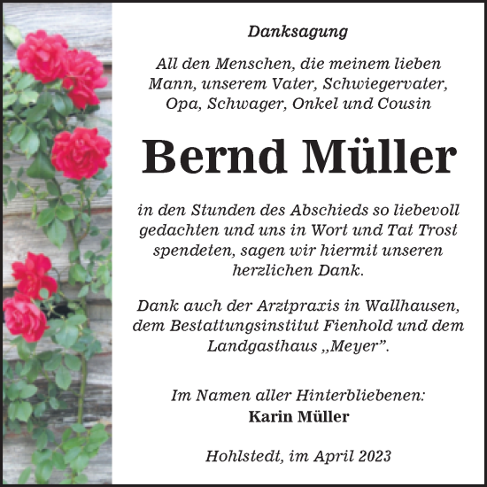 Traueranzeige von Bernd Müller von Trauerkombi Sangerhausen