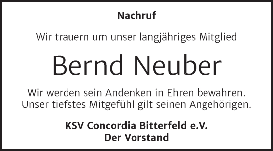 Traueranzeige von Bernd Neuber von Trauerkombi Bitterfeld