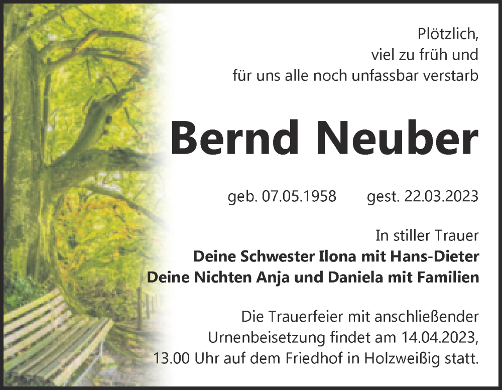  Traueranzeige für Bernd Neuber vom 01.04.2023 aus Trauerkombi Bitterfeld