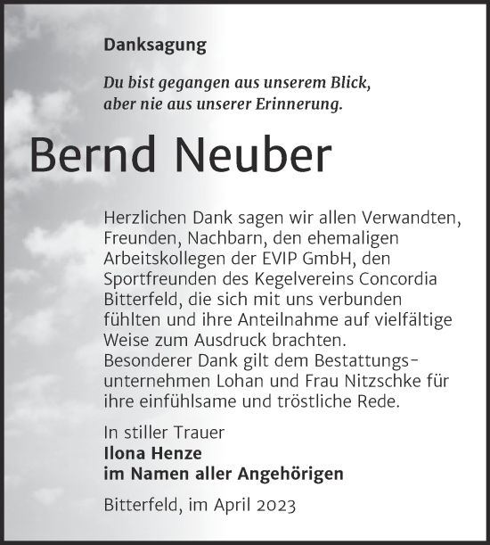 Traueranzeige von Bernd Neuber von Trauerkombi Bitterfeld