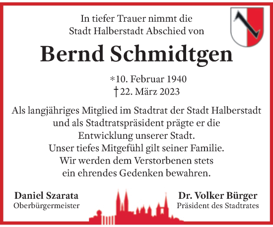 Traueranzeige von Bernd Schmidtgen von Volksstimme Halberstadt