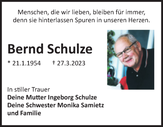 Traueranzeige von Bernd Schulze von Volksstimme Magdeburg