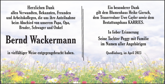 Traueranzeige von Bernd Wackermann von Trauerkombi Quedlinburg