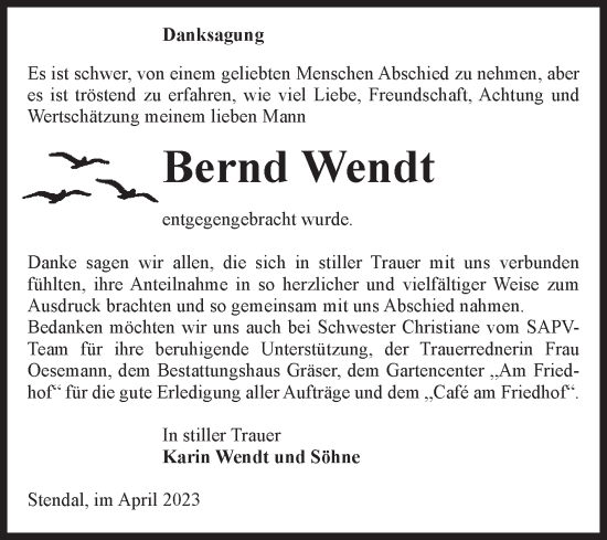 Traueranzeige von Bernd Wendt von Volksstimme Altmark Ost