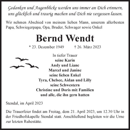 Traueranzeige von Bernd Wendt von Volksstimme Altmark Ost