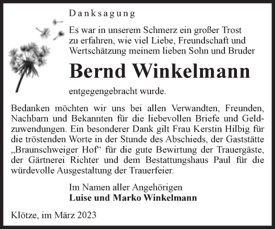 Traueranzeige von Bernd Winkelmann von Volksstimme Altmark West