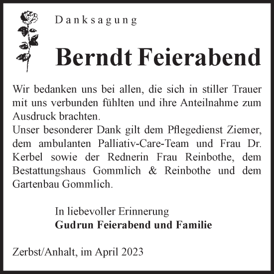 Traueranzeige von Berndt Feierabend von Volksstimme Zerbst