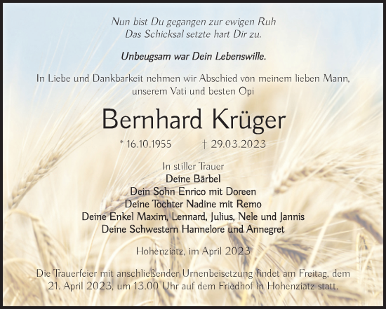 Traueranzeige von Bernhard Krüger von Volksstimme Burg/Genthin
