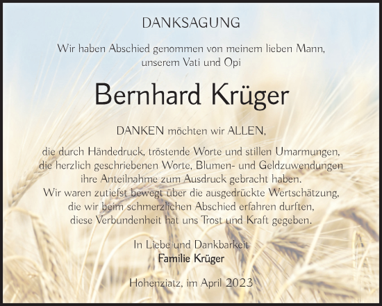 Traueranzeige von Bernhard Krüger von Volksstimme Burg/Genthin