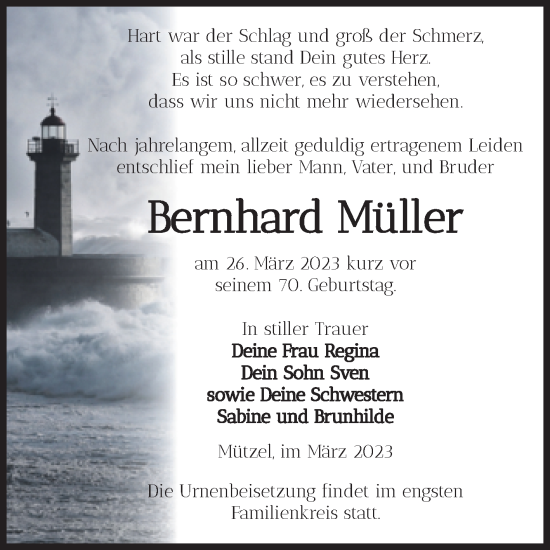 Traueranzeige von Bernhard Müller von Volksstimme Burg/Genthin