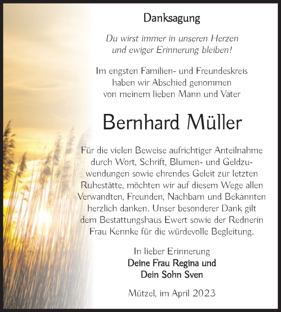 Traueranzeige von Bernhard Müller von Volksstimme Burg/Genthin