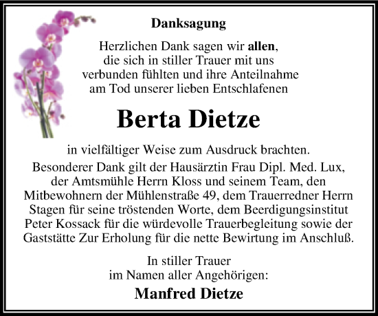 Traueranzeige von Berta Dietze von Trauerkombi Dessau