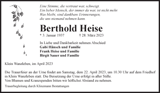 Traueranzeige von Berthold Heise von Volksstimme Oschersleben/Wanzleben
