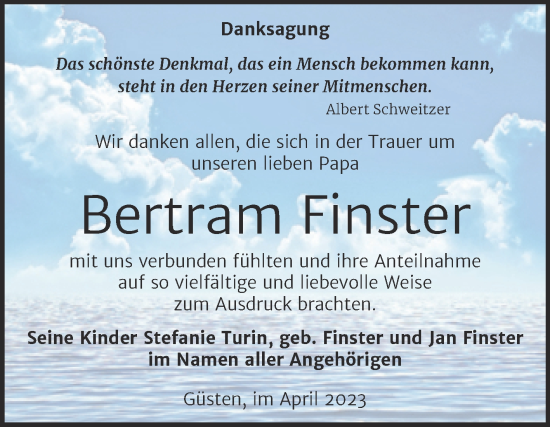 Traueranzeige von Bertram Finster von Volksstimme Staßfurt