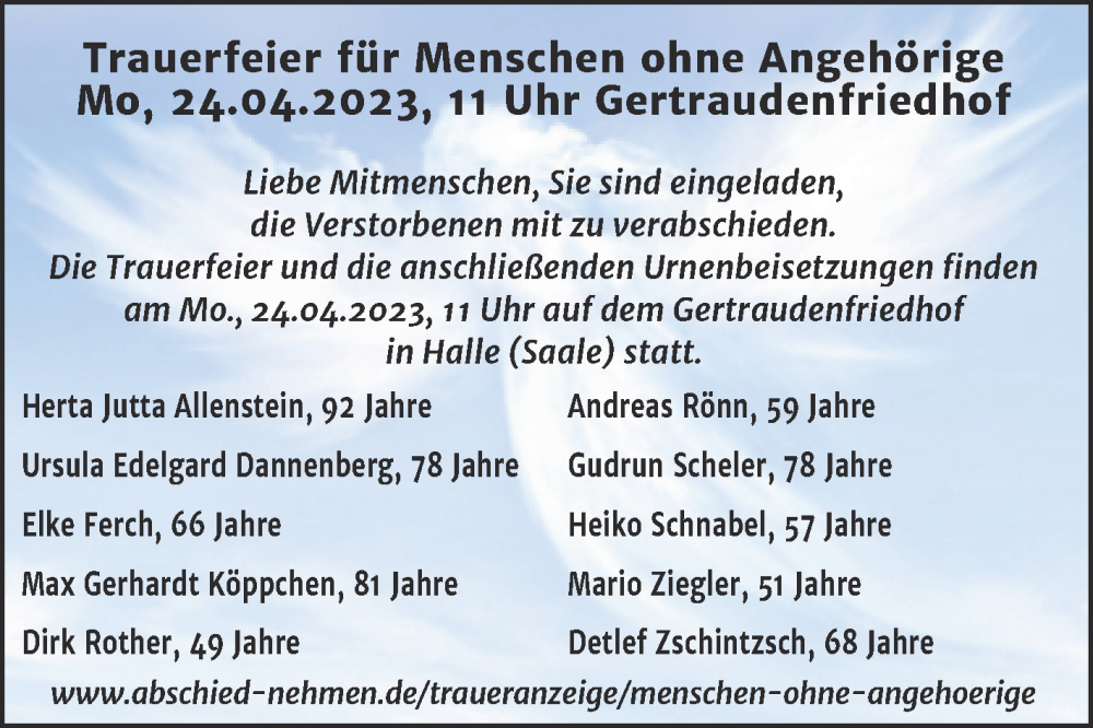  Traueranzeige für Bestattungen vom 22.04.2023 vom 22.04.2023 aus Mitteldeutsche Zeitung Halle/Saalkreis