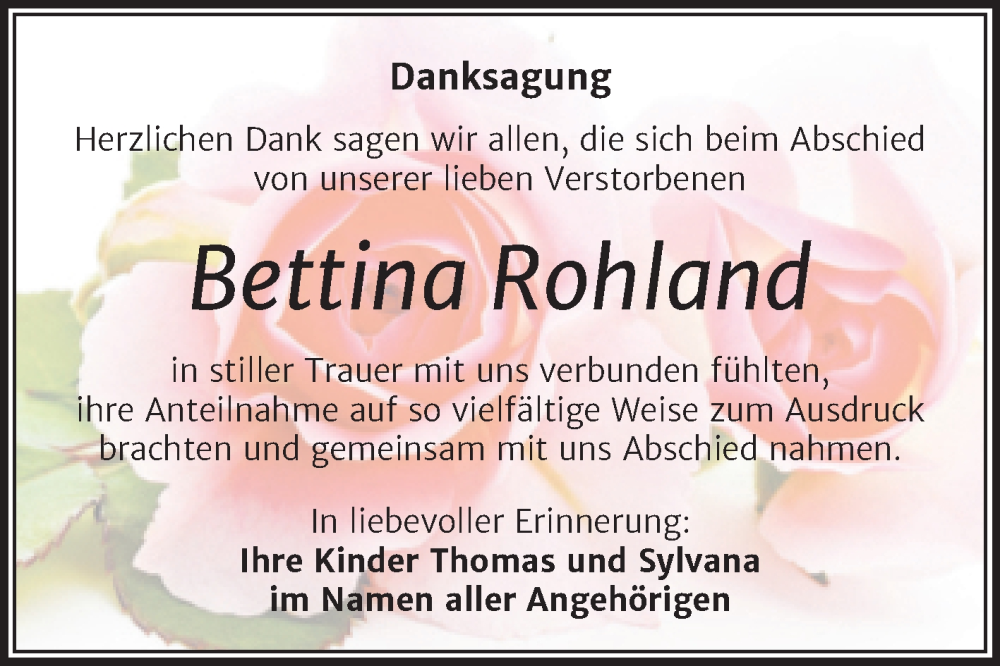  Traueranzeige für Bettina Rohland vom 26.04.2023 aus Trauerkombi Mansfelder Land