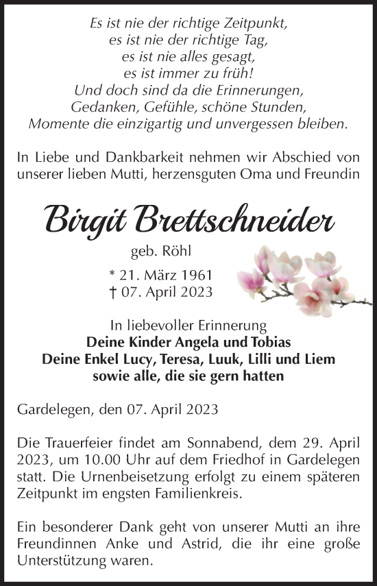 Traueranzeige von Birgit Brettschneider von Volksstimme Altmark West