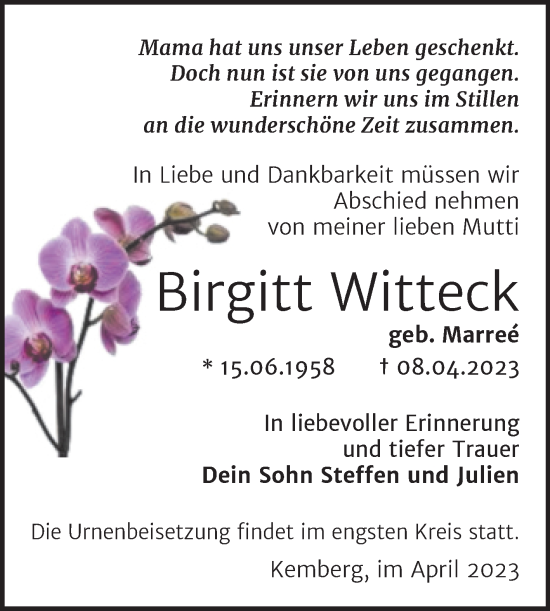 Traueranzeige von Birgitt Witteck von Trauerkombi Wittenberg