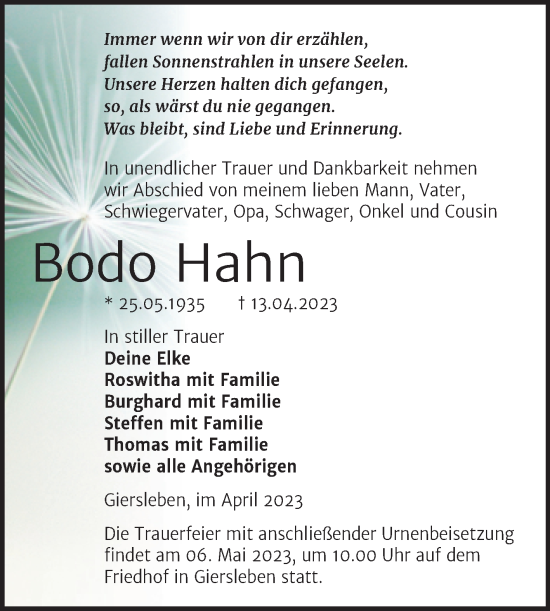 Traueranzeige von Bodo Hahn von Trauerkombi Aschersleben