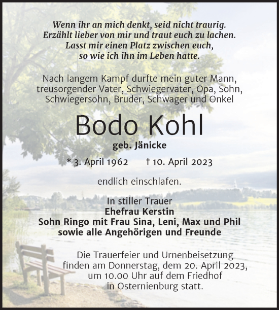 Traueranzeige von Bodo Kohl von Trauerkombi Köthen