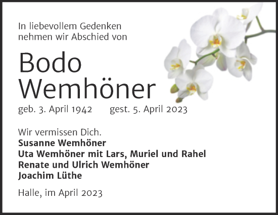 Traueranzeige von Bodo Wemhöner von Mitteldeutsche Zeitung Halle/Saalkreis