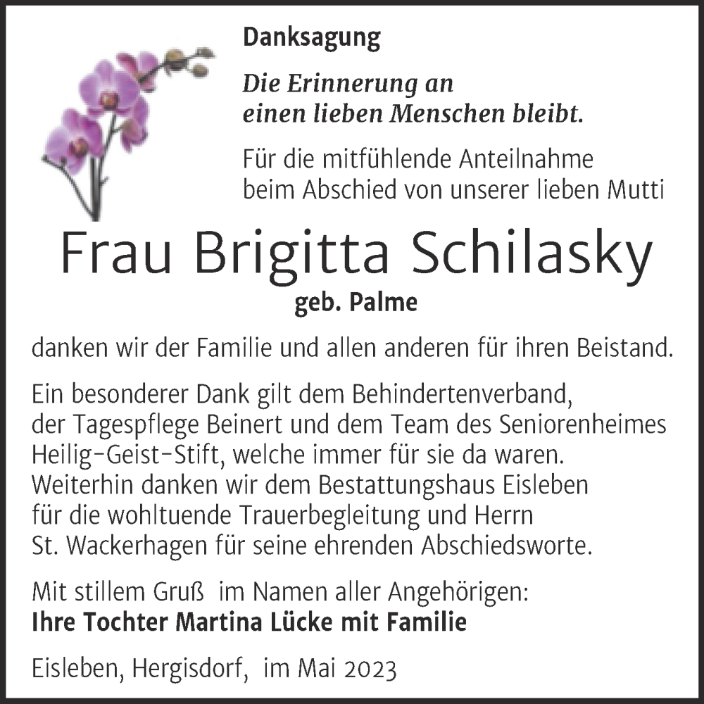 Traueranzeige für Brigitta Schilasky vom 29.04.2023 aus Trauerkombi Mansfelder Land