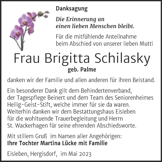 Traueranzeige von Brigitta Schilasky von Trauerkombi Mansfelder Land