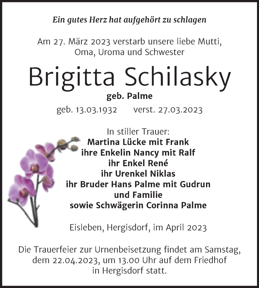  Traueranzeige für Brigitta Schilasky vom 12.04.2023 aus Trauerkombi Mansfelder Land
