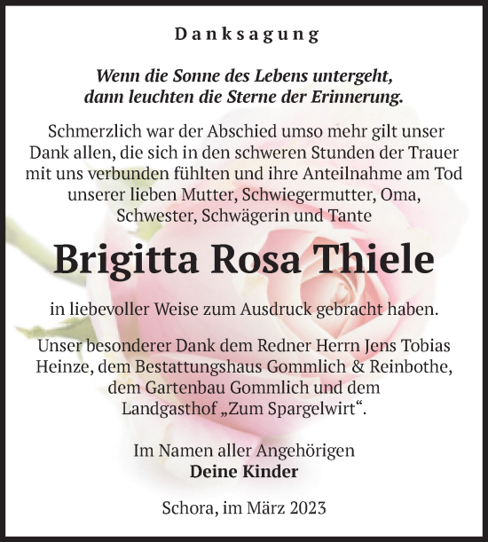 Traueranzeige von Brigitta Rosa Thiele von Volksstimme Zerbst