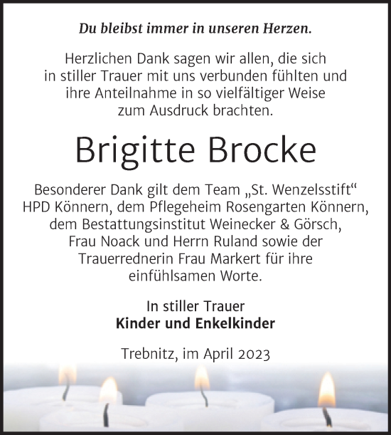 Traueranzeige von Brigitte Brocke von Trauerkombi Bernburg