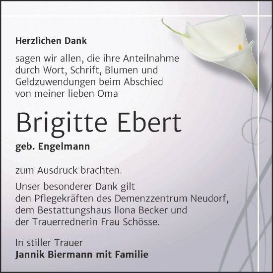 Traueranzeige von Brigitte Ebert von Trauerkombi Sangerhausen