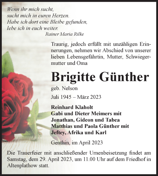 Traueranzeige von Brigitte Günther von Volksstimme Burg/Genthin