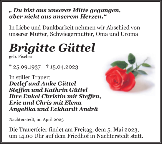 Traueranzeige von Brigitte Güttel von Trauerkombi Aschersleben