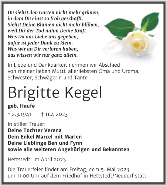 Traueranzeige von Brigitte Kegel von Trauerkombi Mansfelder Land