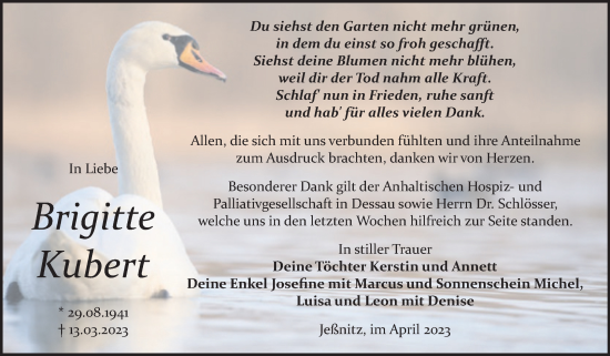 Traueranzeige von Brigitte Kubert von Trauerkombi Bitterfeld