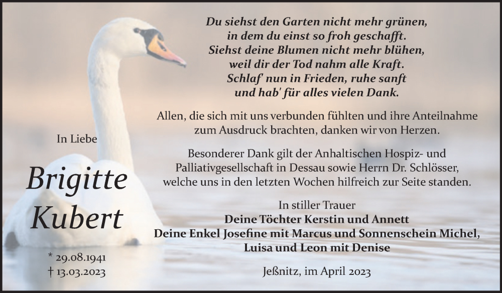  Traueranzeige für Brigitte Kubert vom 08.04.2023 aus Trauerkombi Bitterfeld