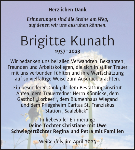 Traueranzeige von Brigitte Kunath von Trauerkombi Weißenfels