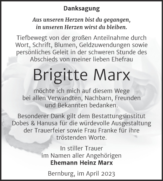 Traueranzeige von Brigitte Marx von Trauerkombi Bernburg