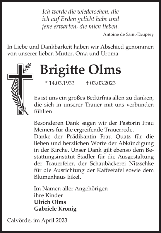 Traueranzeige von Brigitte Olms von Volksstimme Haldensleben/Wolmirstedt