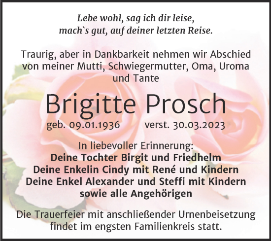 Traueranzeige von Brigitte Prosch von Trauerkombi Weißenfels