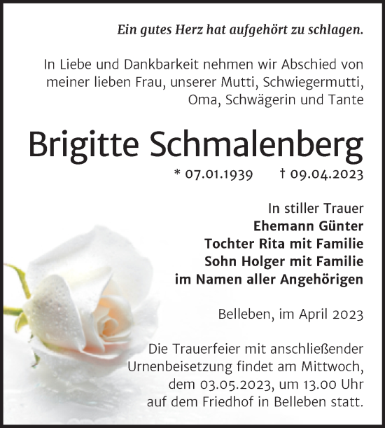 Traueranzeige von Brigitte Schmalenberg von Trauerkombi Bernburg