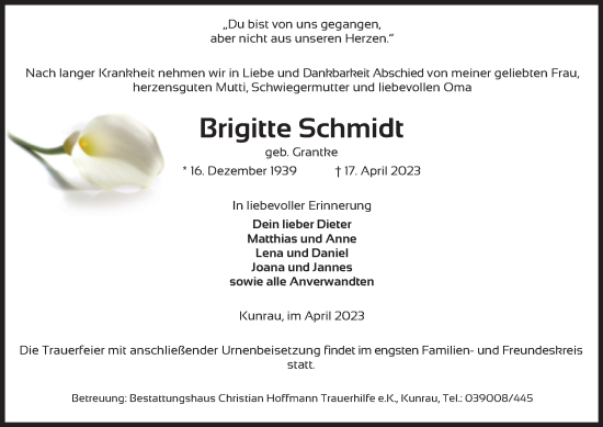 Traueranzeige von Brigitte Schmidt von Volksstimme Altmark West