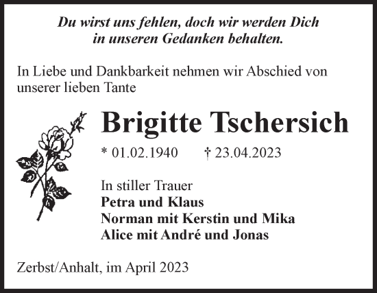 Traueranzeige von Brigitte Tschersich von Volksstimme Zerbst