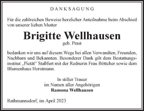 Traueranzeige von Brigitte Wellhausen von Volksstimme Staßfurt