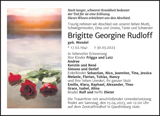 Traueranzeige von Brigitte Georgine Rudloff von Trauerkombi Quedlinburg