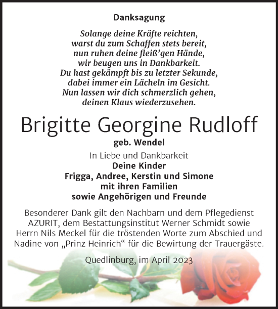 Traueranzeige von Brigitte Georgine Rudloff von Trauerkombi Quedlinburg