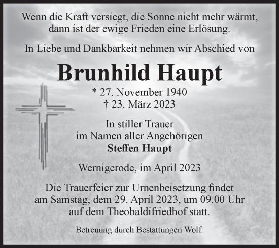 Traueranzeige von Brunhild Haupt von Volksstimme Wernigerode