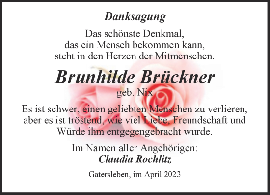 Traueranzeige von Brunhilde Brückner von Trauerkombi Aschersleben